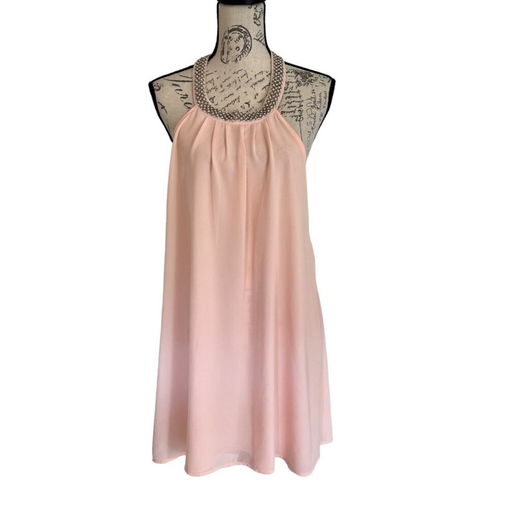 Tobi Pink Halter Mini Dress Chiffon Beaded Collar/neckline Shift Backless HoCo M - Picture 1 of 8
